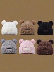 1 件可爱熊毛线帽冬季加厚毛绒保暖皮草帽 - 彩色 - 查看 3