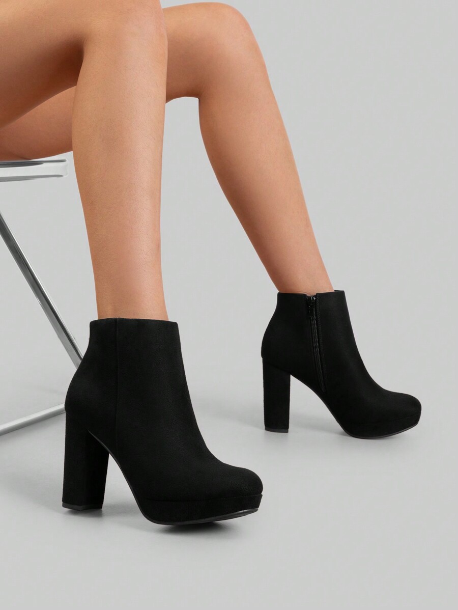 Women Fashionable Side Zipper Round Toe Block Chunky High Heel Suede