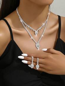 1 Bộ trang sức vòng cổ và hoa tai trái tim đính đá sang trọng thời trang, phù hợp cho phụ nữ mặc hàng ngày, đám cưới, tiệc tùng (Không bao gồm hộp quà) - bộ trang sức - Xem 6