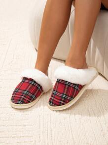 Women's Casual Christmas Plush Slip-On House Slippers, Warm Fuzzy Winter Shoes For Everyday Home & Party Wear