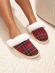 Women's Casual Christmas Plush Slip-On House Slippers, Warm Fuzzy Winter Shoes For Everyday Home & Party Wear
