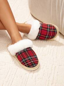 Women's Casual Christmas Plush Slip-On House Slippers, Warm Fuzzy Winter Shoes For Everyday Home & Party Wear