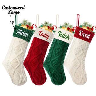 1個 クリスマスストッキング 名入れ、カスタム名家族用クリスマスストッキング、18インチ大型ニット製クリスマス暖炉吊り下げストッキング 名前刺繍付き、ホリデーファミリーパーティー装飾