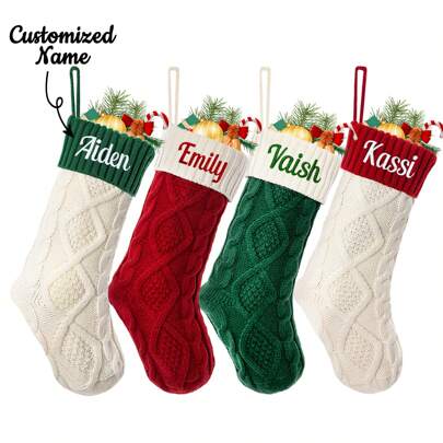 1 Stück personalisierte Weihnachtsstrümpfe, individuelle Familien Weihnachtsstrümpfe mit Namen, 45 cm großer gestrickter Weihnachtsstrumpf zum Aufhängen am Kamin mit Namen Stickerei für Feiertagsdekoration der Familie