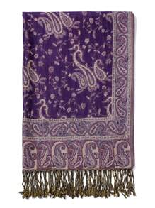 BOHO 1 chiếc khăn choàng nữ có khăn trùm đầu Pashmina họa tiết Paisley tuyệt đẹp, khăn choàng cổ thời trang cổ điển cho mùa thu đông, phù hợp để mặc hàng ngày, phụ kiện Abaya - Màu tím - Xem 2