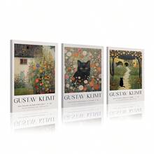 3 件复古乡村风景黑猫花卉小屋墙壁艺术帆布印刷品、古斯塔夫·克里姆特风格墙壁艺术、古斯塔夫·克里姆特海报、古斯塔夫·克里姆特绘画、可爱动物墙壁艺术、花卉市场印刷品、乡村墙壁艺术、家居装饰、卧室装饰 - 彩色 - 查看 11