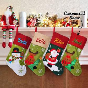 1pc Personalized Christmas Stocking,Custom Name Cartoon Stockings, 18" Large Snowman Deer Santa Xmas Stocking,Holiday And Family Stocking For Fireplace Holiday Party Decoration