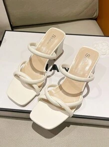 Sandalias de tacón grueso para con elegante  diseño girante con tacón grueso Zapatillas de tacón alto retro estilo hada con tacón grueso para mujer - Beis - Ver 4