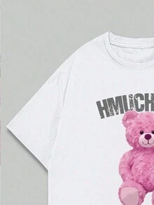 Unisex Pink Teddy Bear T-Shirt Basic Printed Fashion Blouse - trắng - Xem 4