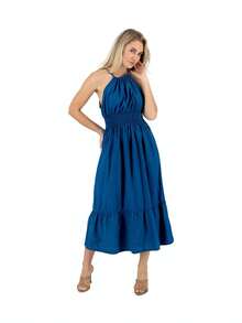 Vestido de Mezclilla con Tirantes.  Ajustable en Cintura - Azul lavado oscuro - Ver 3