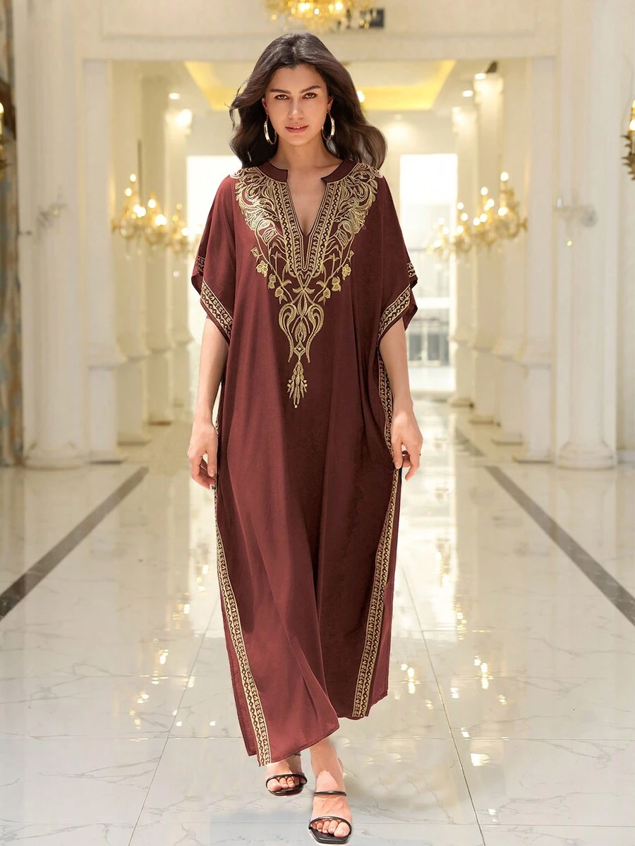 Red Embroidered Collar Modest Dress Loose Casual Moroccan Robe Modest Robe - Rust Brown - View 1