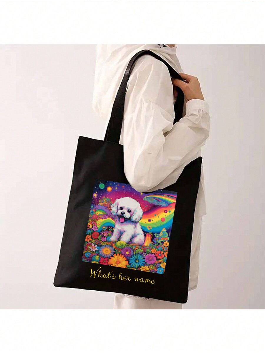 1pc Customized Photo Print & Text Canvas Tote Bag With Cute Dog