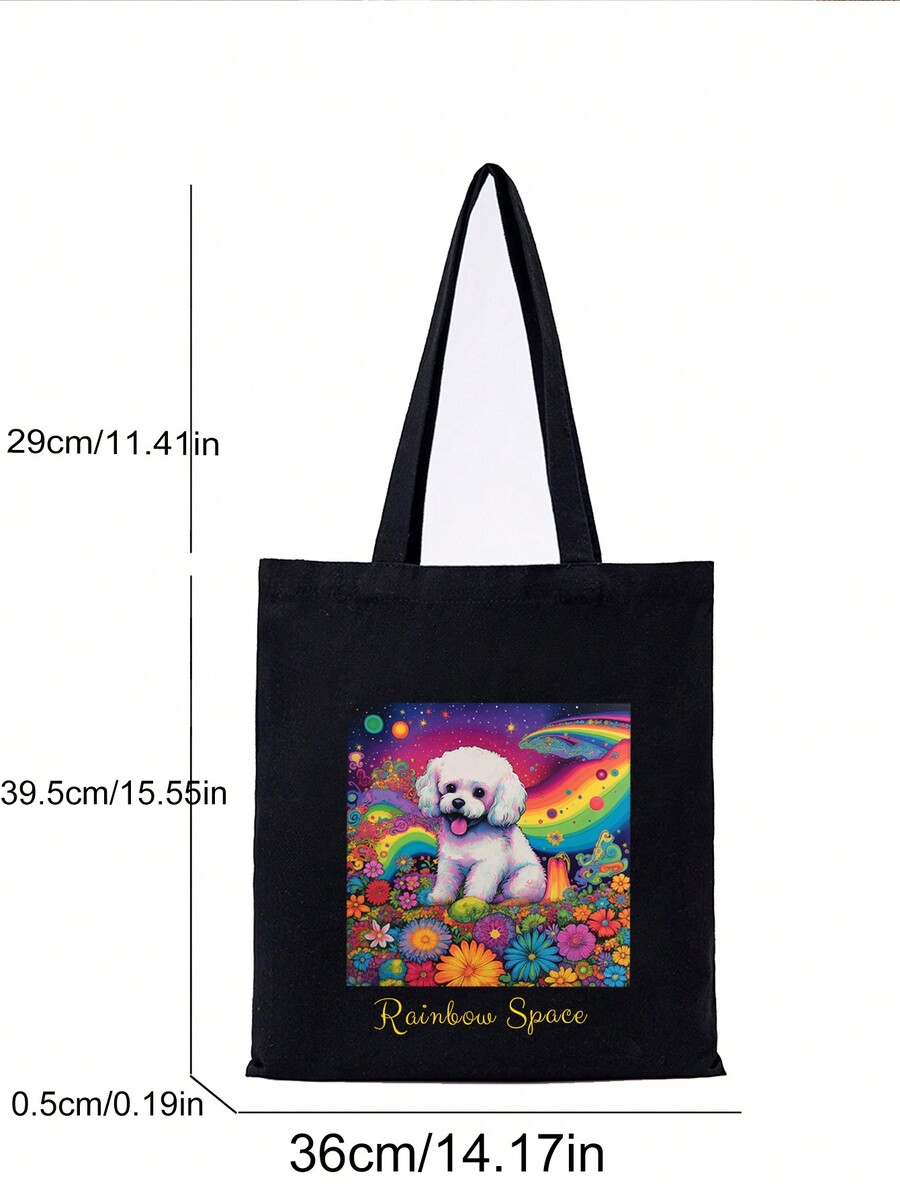 1pc Customized Photo Print & Text Canvas Tote Bag With Cute Dog
