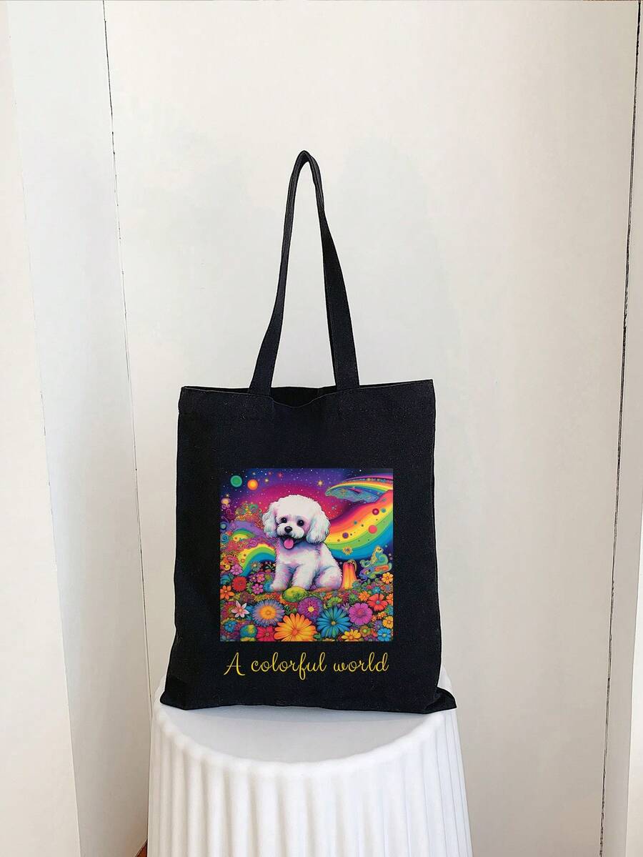 1pc Customized Photo Print & Text Canvas Tote Bag With Cute Dog