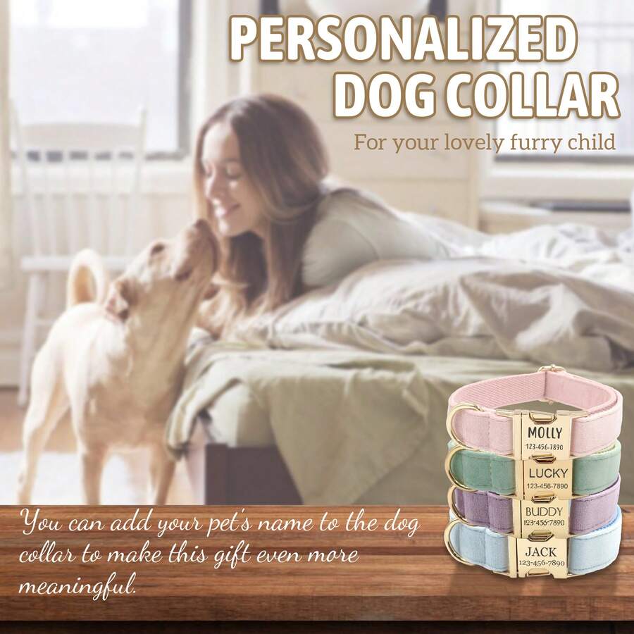 1pc Personalized Dog Collar Velvet, Engraving Custom Name Phone Number