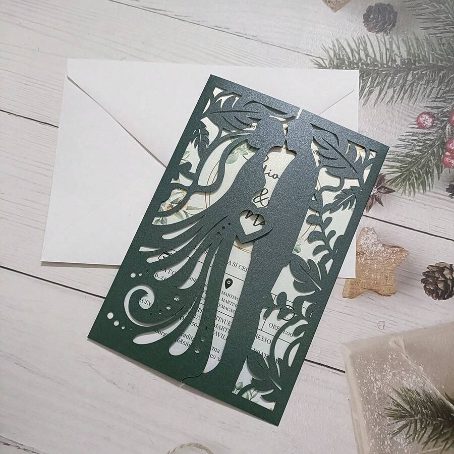 10 套绿珍珠爱情情侣激光切割婚礼请柬，配象牙珍珠空白纸和象牙哑光信封 - 綠色 - 查看 1