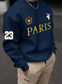 Men's Paris Badge & Letter Print Regular Fit Crew Neck Long Sleeve Sweatshirt, Spring/Autumn - Navy Blue - View 1