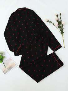 女士樱桃印花睡衣套装，甜美可爱领扣长袖上衣和长裤，睡衣和家居服，秋冬秋季服装 - 黑色 - 查看 2