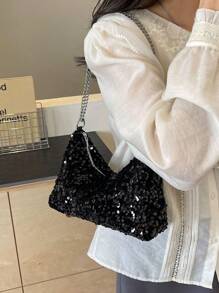 1 件拉链封口 PVC 亮片闪亮腋下单肩包，时尚链条肩带手拿包，适合女士派对、约会、宴会 - 黑色 - 查看 3