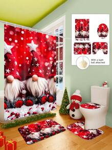 1/2/3/4 Pieces Three Christmas Gnomes Pattern Digital Printed Waterproof Shower Curtain, Bathroom Set, Bathroom Non-Slip Mat, Toilet U-Mat, Toilet Cover, Comes With 12 Hooks And 1 Shower Globe, Perfect Christmas Gift For Yourself And Your Family, Multiple Sizes Available! Home Bathroom Decor Fall Decor Bathroom Accessories Back To School