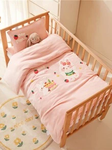 3pcs Plush Fabric Bed Set: 1pc Quilt Cover, 1pc Mattress Protector, 1pc Pillow Case, Embroidered Milk Velvet Design, Warm & Soft Touch, Comfortable And Cozy, Perfect For Autumn/Winter - Birthday Bunny - View 2