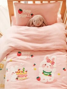 3pcs Plush Fabric Bed Set: 1pc Quilt Cover, 1pc Mattress Protector, 1pc Pillow Case, Embroidered Milk Velvet Design, Warm & Soft Touch, Comfortable And Cozy, Perfect For Autumn/Winter - Birthday Bunny - View 9
