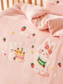 3pcs Plush Fabric Bed Set: 1pc Quilt Cover, 1pc Mattress Protector, 1pc Pillow Case, Embroidered Milk Velvet Design, Warm & Soft Touch, Comfortable And Cozy, Perfect For Autumn/Winter - Birthday Bunny - View 6