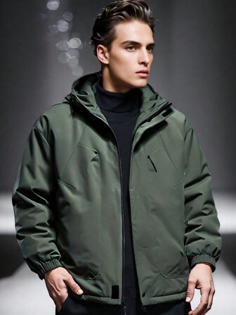 Boyfriend Style Men's Casual Padded Snowproof Hooded Jacket, Thick Thermal Lined Warm Outdoor Sweatshirt, Loose Fit Youth Autumn Winter