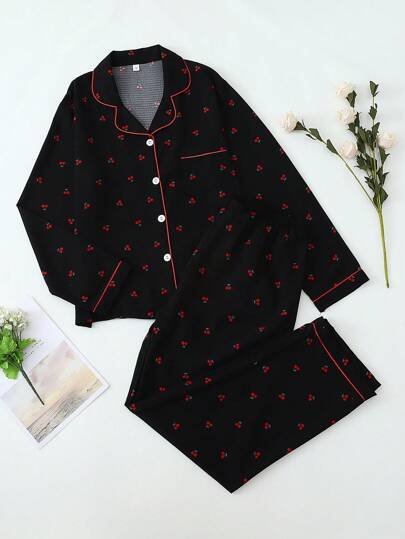 Cherry Print Pajamas Set For Women, Sweet & Cute Collared Button Long Sleeve Top & Long Pants, Sleepwear & Loungewear, Autumn/Winter, Fall Clothes