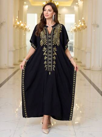Black Stand Collar Embroidered Dress Arab Style Casual House Dress Kaftan
