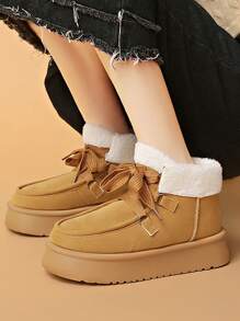 Stivali da donna per sport all'aperto, stivali invernali monocolore minimalisti con suola spessa e carina, stivali termici imbottiti antiscivolo e resistenti, stivali in pelle di lusso con fiocco per donne di alta gamma - Cachi - Visualizzare 6