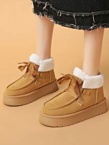 Stivali da donna per sport all'aperto, stivali invernali monocolore minimalisti con suola spessa e carina, stivali termici imbottiti antiscivolo e resistenti, stivali in pelle di lusso con fiocco per donne di alta gamma - Cachi - Visualizzare 4