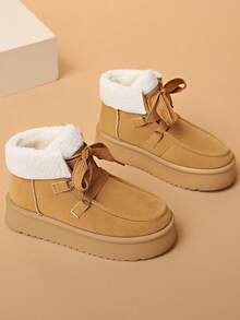 Stivali da donna per sport all'aperto, stivali invernali monocolore minimalisti con suola spessa e carina, stivali termici imbottiti antiscivolo e resistenti, stivali in pelle di lusso con fiocco per donne di alta gamma - Cachi - Visualizzare 2