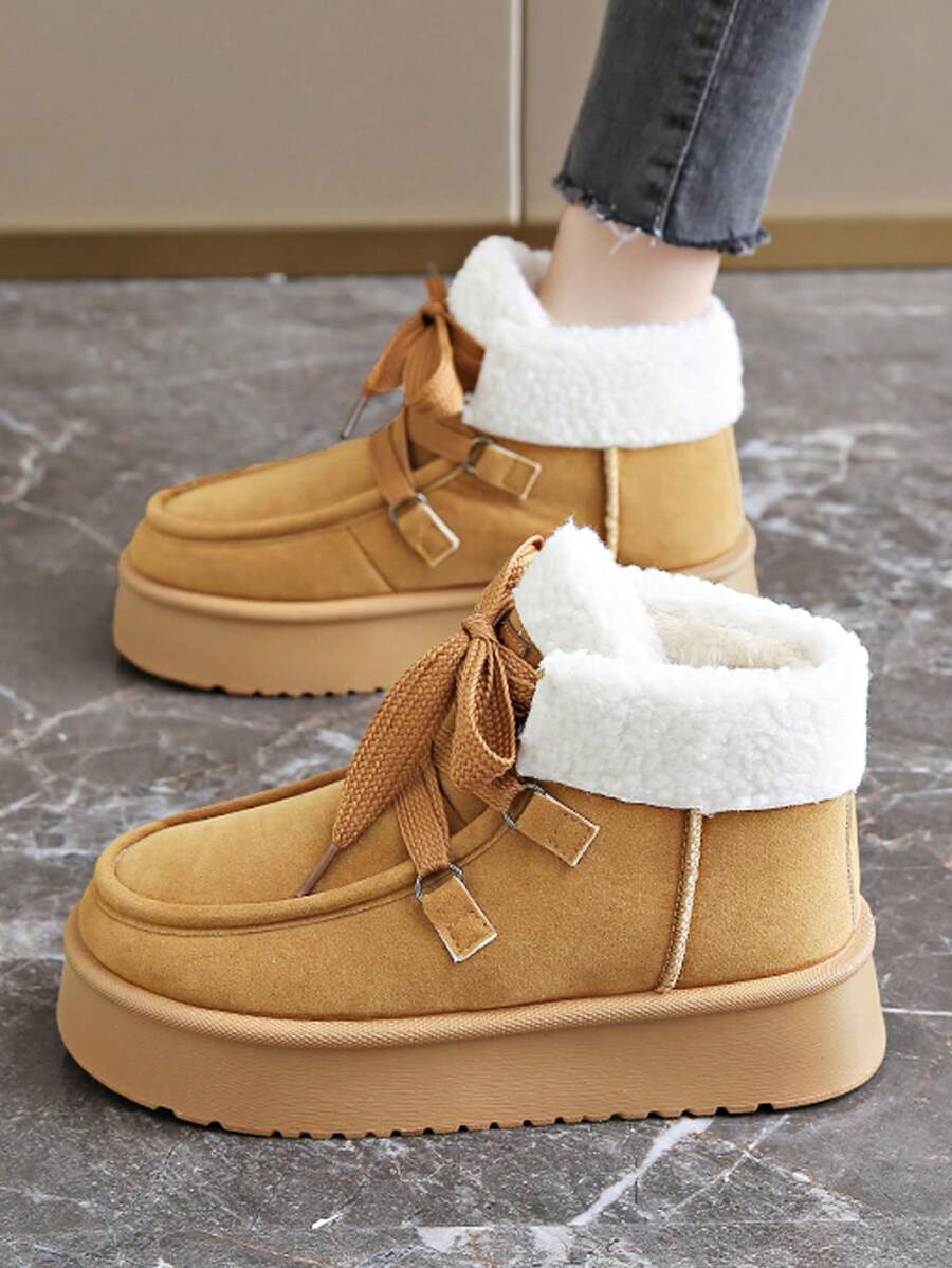 Stivali da donna per sport all'aperto, stivali invernali monocolore minimalisti con suola spessa e carina, stivali termici imbottiti antiscivolo e resistenti, stivali in pelle di lusso con fiocco per donne di alta gamma - Cachi - Visualizzare 1