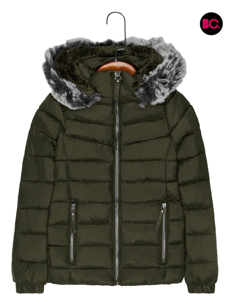 Big City Basic Girl's Quilted Jacket Plush Interior Casual Fashion With Hood - Dark Green - View 1