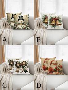 2 件圣诞冬季枕套套装，水彩复古铃铛蝴蝶结圣诞老人雪人农舍靠垫套，适用于家居装饰，方形沙发客厅卧室，4 个季节（无填充物） - 彩色 - 查看 1