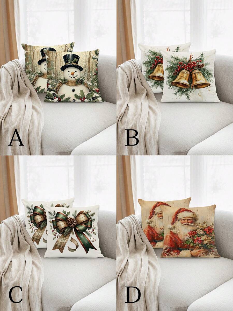 2 件圣诞冬季枕套套装，水彩复古铃铛蝴蝶结圣诞老人雪人农舍靠垫套，适用于家居装饰，方形沙发客厅卧室，4 个季节（无填充物） - 彩色 - 查看 1
