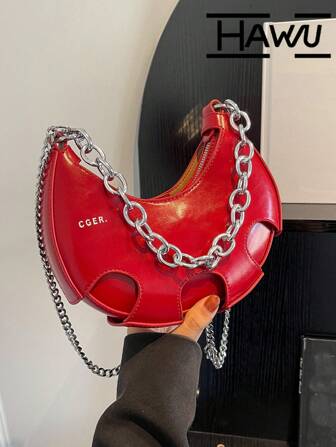 Fashionable Armpit Bag With Letter Print And Metal Chain Decoration Crossbody Crescent Bag PU Shoulder Bag Women Stylish Handbag Hobo Tote Purse