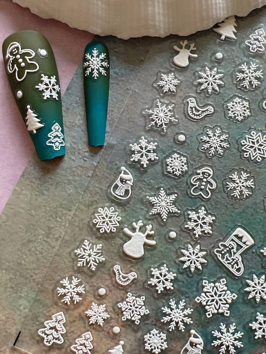 1 件 3D 美甲贴纸，节日圣诞节圣诞老人、驯鹿、雪花、铃铛、花环、礼物、圣诞树设计 - 彩色 - 查看 1