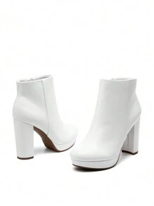 Women Fashionable Side Zipper Round Toe Block Chunky High Heel Suede Ankle Boots Effortlessly Pairing With A Range Of Outfits - White - View 6