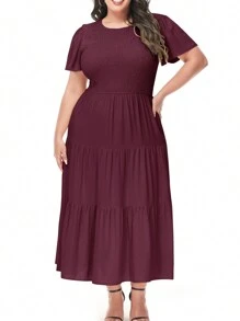 Women's Plus Size Casual Round Neck Flutter Short Sleeve Elastic Waist Smocked Tiered Maxi Dress - 紅色 - 查看 3