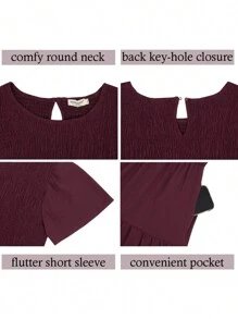 Women's Plus Size Casual Round Neck Flutter Short Sleeve Elastic Waist Smocked Tiered Maxi Dress - 紅色 - 查看 4