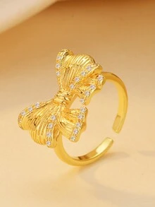 1 chiếc nhẫn nơ đính đá Zirconia màu vàng, thiết kế thủ công tinh xảo, nhẫn thời trang đa năng và hợp thời trang - Vàng - Xem 1