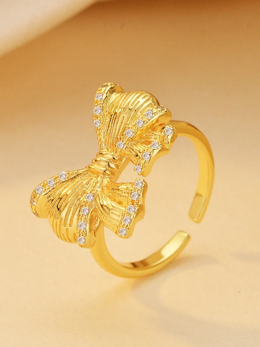 1 chiếc nhẫn nơ đính đá Zirconia màu vàng, thiết kế thủ công tinh xảo, nhẫn thời trang đa năng và hợp thời trang - Vàng - Xem 1