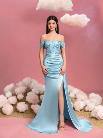 少女露肩礼服，搭配夸张侧腰带和高开衩细节 - 精致美人鱼轮廓晚礼服