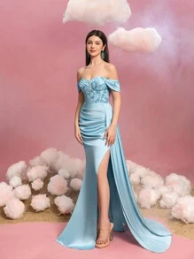 少女露肩礼服,搭配夸张侧腰带和高开衩细节 - 精致美人鱼轮廓晚礼服 - 淺藍色 - 查看 5