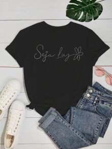 T-Shirt Women's T-Shirt Phrase Be Light 100% Cotton Premium Mesh Versatile Casual Shirt - màu đen - Xem 2