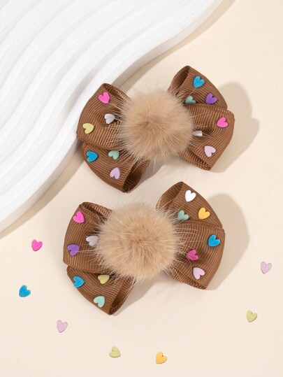 2 peças laços de cabelo pompom marrom para meninas mini laço de borracha de coração clipes de jacaré grampos de cabelo outono inverno adoráveis crianças pequenas meninas laços presilhas acessórios de cabelo para crianças