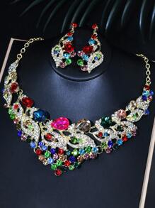 1 set de bijoux de luxe collier et boucles d'oreilles en verre paon pour femmes, accessoires de mariage pour mariée