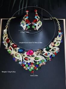1 set de bijoux de luxe collier et boucles d'oreilles en verre paon pour femmes, accessoires de mariage pour mariée